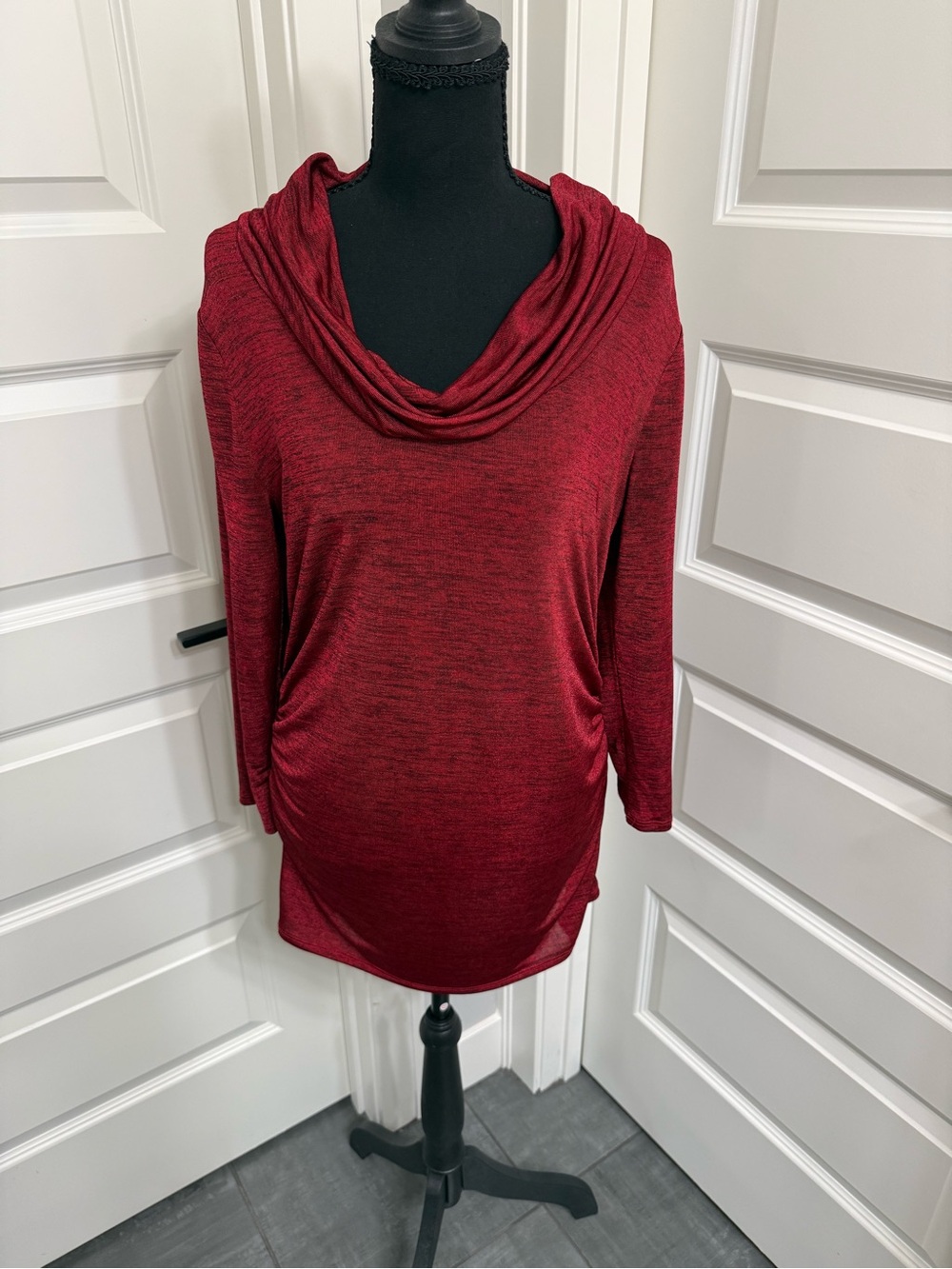 Cozy Draped Cowl Neck Tunic Sweater - Deep Red